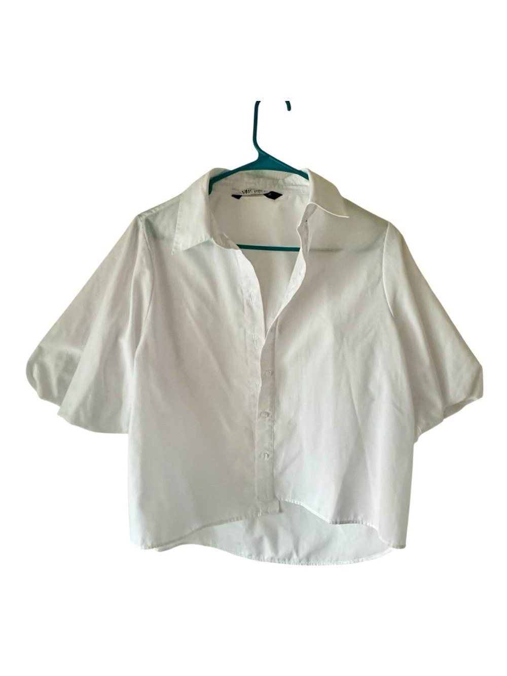 ZARA Women’s White Cotton Woven Collared Button-Up Puff Short Sleeve Blouse M